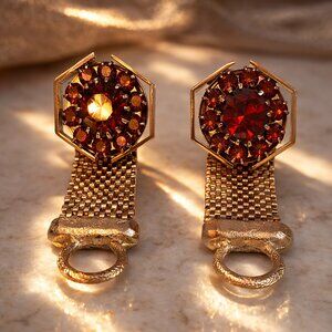 Vintage Gold Tone Faceted Amber Round Glass Crystals w/Mesh Chain Cufflinks